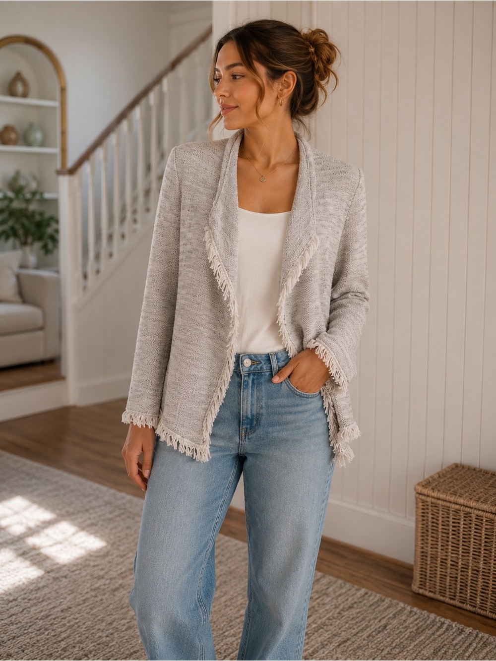 Joie Nalah B Tweed Jacket, Smoky Multi Fringe Linen Cotton Open Knit Size XS